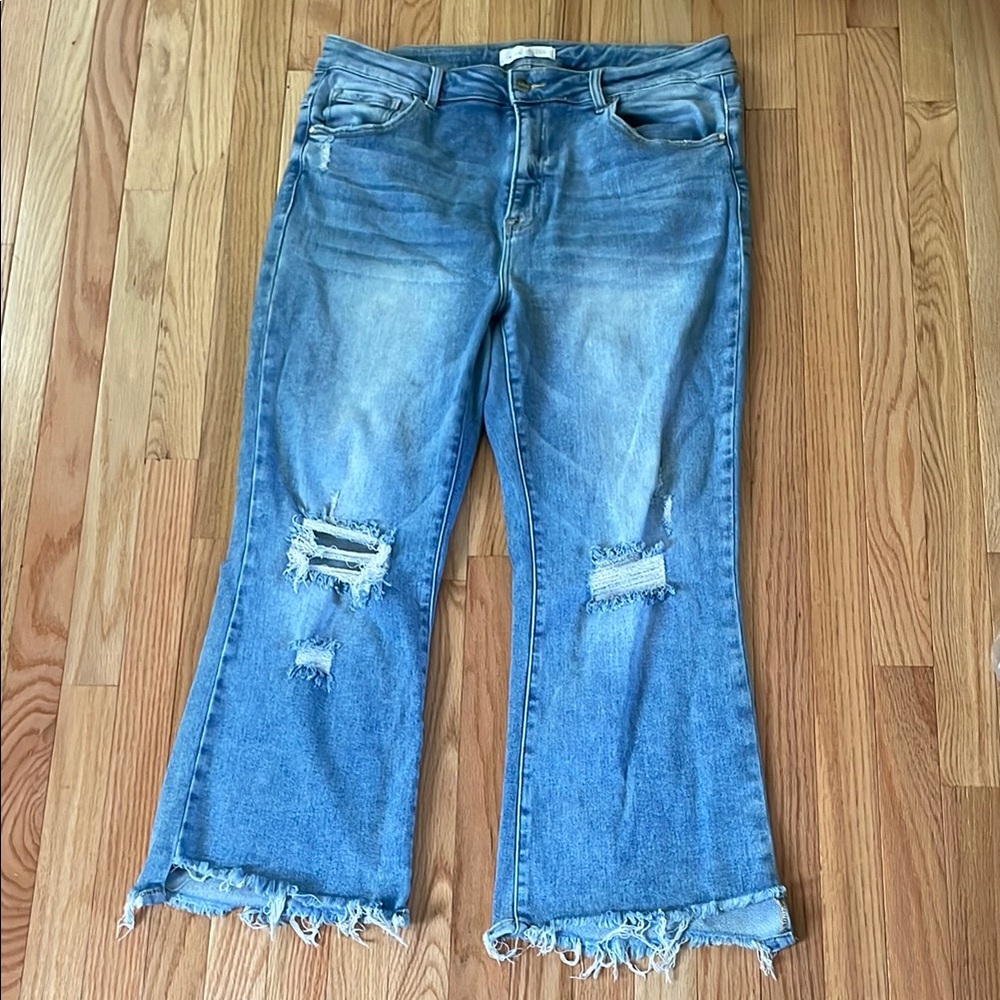 Risen Jeans Womens XL Blue High Rise Wide Leg Distressed Light Wash Western